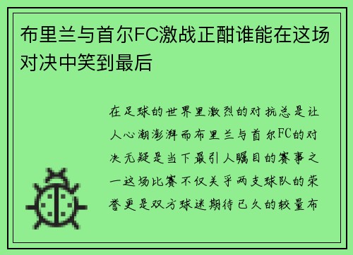 布里兰与首尔FC激战正酣谁能在这场对决中笑到最后